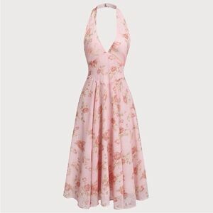 Rihoas Pink Floral Halter Backless Midi Dress Medium NWT